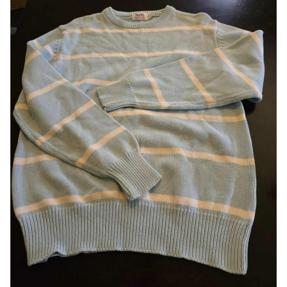 Women's Vintage 90s TUFF Light Blue & Ivory Preppy Striped Crew Neck Sweater M